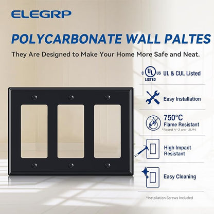 ELEGRP 3-Gang Decorative Wall Plates, Standard Size 4.53" H x 6.39" L Unbreakable Thermoplastic Faceplate Cover for Decorator Receptacle Outlet Switch, UL Listed (2 Pack, Glossy Black)