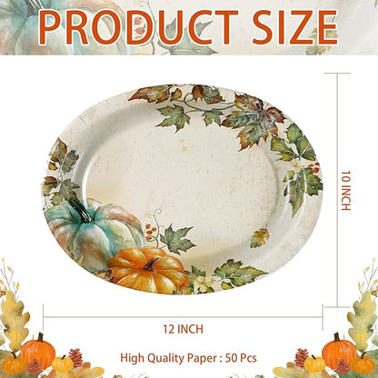 50 Pcs Fall Oval Paper Plates 10"×12" Large Vintage Watercolor Pumpkins Plates Disposable Heavy Duty Thanksgiving Platters for Fall Thanksgiving Party Decorations Autumn Holiday Harvest Party Supplies