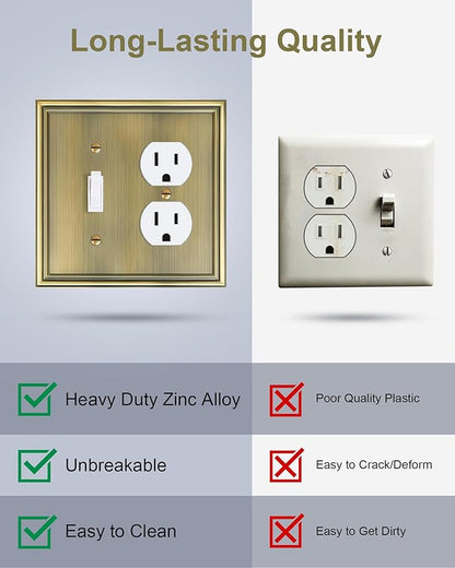 2-Pack Combo Toggle/Duplex Light Switch Cover Plate, Antique Brass Wall Outlet Cover Plate, Decorative Wall Receptacle Cover for Electrical Outlets, Light Switch, Durable Solid Zinc Alloy