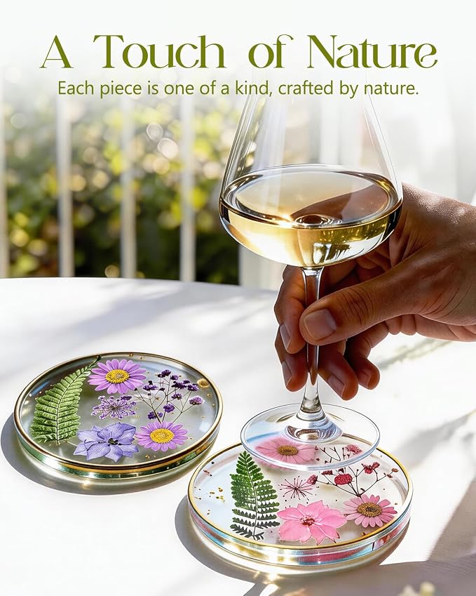 Oqplog Resin Drink Coasters for Desk Coffee Table-Pink&Purple Dried Flowers - Image 3