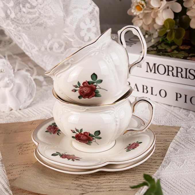 KAMMAK Tea Cups and Saucers Set of 2, 6.8 oz Porcelain Coffee Cups, 564N | - Image 4