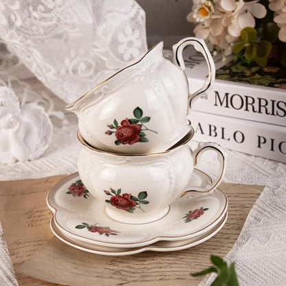 KAMMAK Tea Cups and Saucers Set of 2, 6.8 oz Porcelain Coffee Cups, 564N | - Image 4
