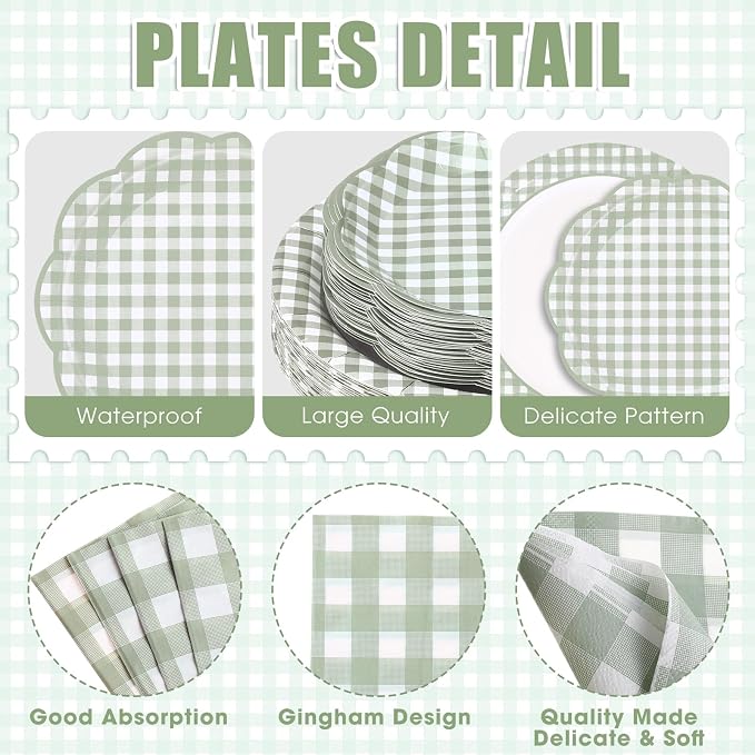 Funnymoom 250 Pcs Sage Green Gingham Paper Plates and Napkins Party Supplies - Image 2