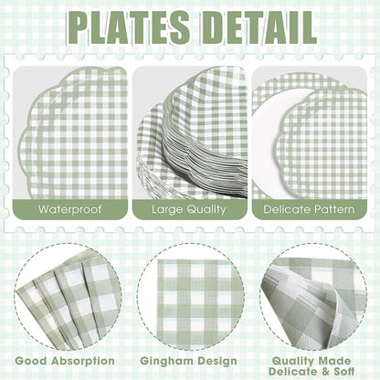 Funnymoom 250 Pcs Sage Green Gingham Paper Plates and Napkins Party Supplies - Image 2