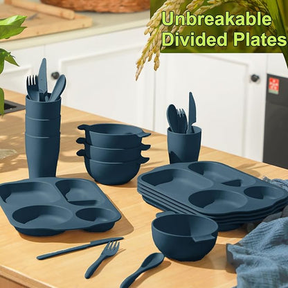 Tanlade 24 Pcs Wheat Straw Dinnerware Cutlery Sets, Divided Plates Unbreakable Bowl Microwave Dishwasher Safe Tableware Cutlery Spoon Knife Fork Cup(Dark Blue)