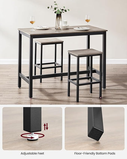 VASAGLE Bar Table and Chairs Set, Rectangular Table with 2 Stools, Dining Pub Set for 2, Space Saving for Kitchen Breakfast, Living Room, Party Room, Greige and Black ULBT015B02