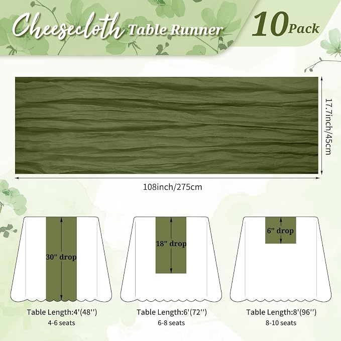 Pesonlook Cheesecloth Table Runner Olive Green, 10 Pack 17.7x108 inch, Long | - Image 2