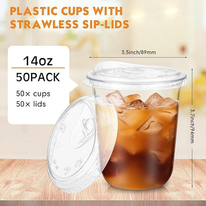 50 Sets 14 oz Clear Plastic Cups with Strawless Sip Lids, Thickened Clear Disposable Plastic PET Crystal Cups for Iced Coffee, Smoothie, Cold Beverage, Drink Shops and Party Catering