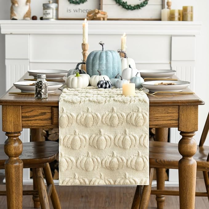 Artoid Mode Beige Soft Faux Fur Pumpkins Fall Table Runner 13x90 Inch | - Image 6