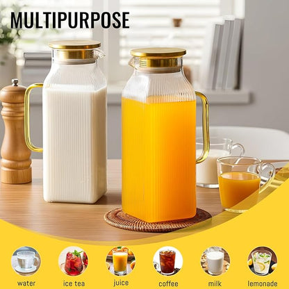4 Pack 2 Liter/68 oz Square Glass Pitcher with Lid, Classic Stripes Water Pitchers with Handle for Fridge, Large Jug for Iced Tea, Coffee, Borosilicate Glass Carafe for Hot/Cold Brew Drink, Gold