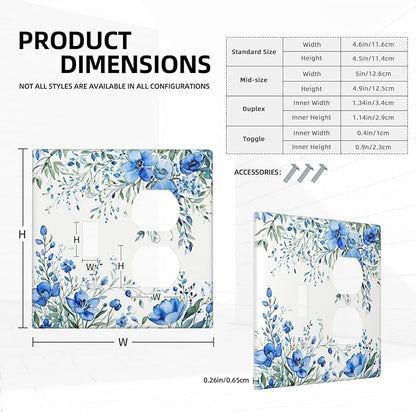 Light Switch Cover Plate Blue Watercolor Flowers Retro Floral Leaves 2 Gang Decorative Switch Plates 1 Toggle Duplex Combo Outlet Covers GFCI Wall Plates for Bathroom Bedroom Decor