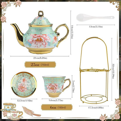 20Pcs Porcelain Tea Set with Metal Holder and Spoons, Floral Tea Sets - Image 2