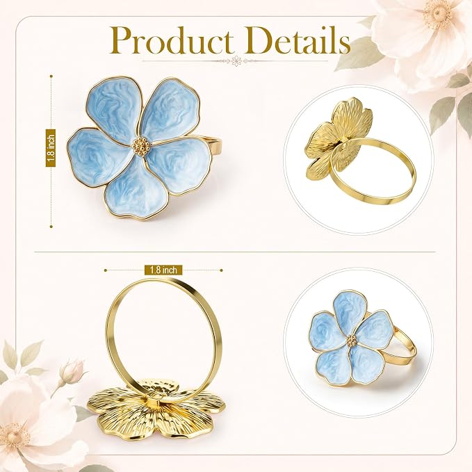 Patelai Set of 6 Blue Flower Napkin Rings Bulk Gold Napkin Ring Holders | - Image 2