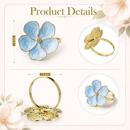 Patelai Set of 6 Blue Flower Napkin Rings Bulk Gold Napkin Ring Holders | - Image 2