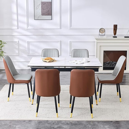 Extendable Dining Table Set for 6, 55'' to 78.8'' Rectangular Thickened Sintered Stone Kitchen Table with 6 Upholstered Chairs, Modern Space Saving 7-Piece Dinner Table Set
