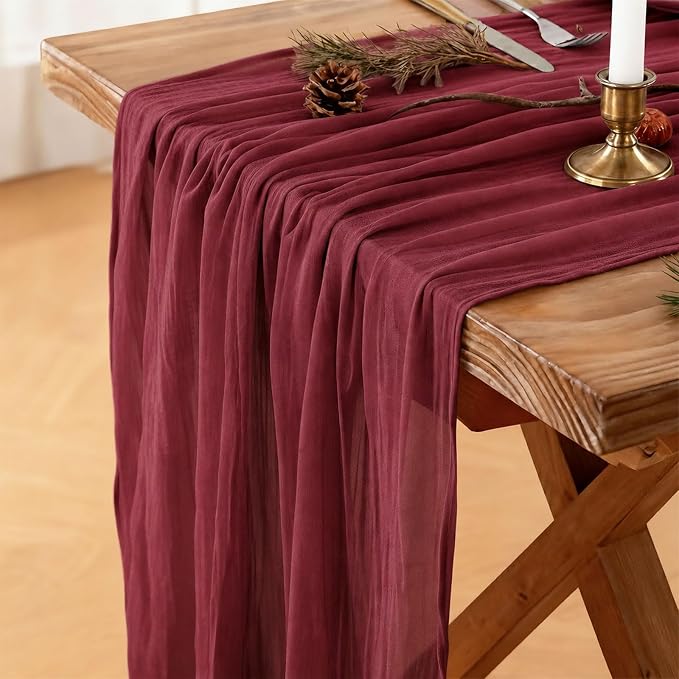Cheesecloth Table Runner, 120 Inch 10 FT, Burgundy | 1 Pack, 35x120 Inches Boho by Mkobon