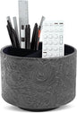 lizimandu Round Leather Art Supply Organizer,Remote Control Holder,360 Degree Spinning,Multi-Functional Pencil Holder,4 Compartments Desktop Stationary Organizer(1-Carved Black)