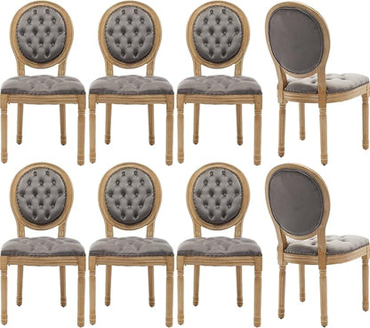 Vintage French Dining Chairs Set of 8, Round Back Velvet Upholstered Accent Chairs with Nailhead Trim and Solid Wood Frame, Elegant Sillas de Comedor for Dining Room & Kitchen, Gray