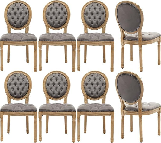 Vintage French Dining Chairs Set of 8, Round Back Velvet Upholstered Accent Chairs with Nailhead Trim and Solid Wood Frame, Elegant Sillas de Comedor for Dining Room & Kitchen, Gray