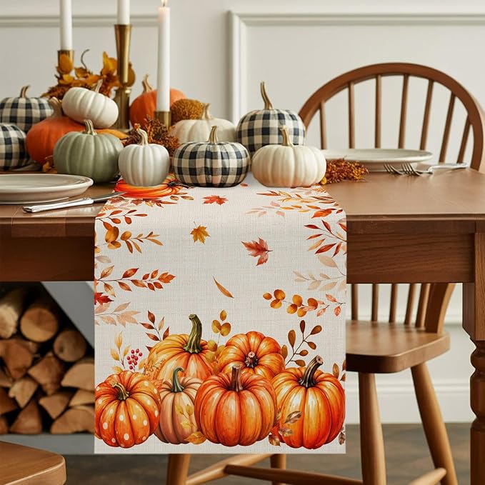 Orange Pumpkins Table Runners 72 Inches Long, Fall Thanksgiving Cotton Linen - Image 9