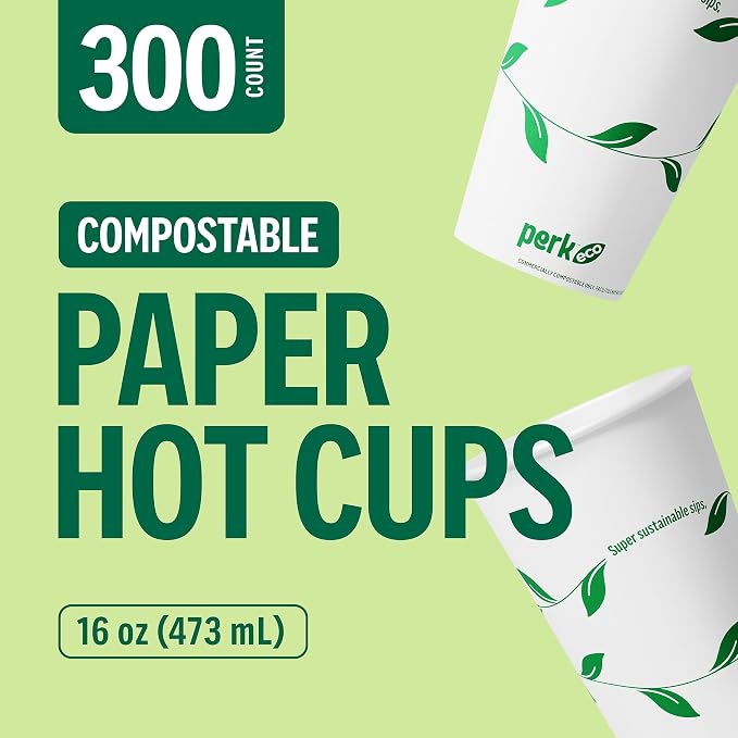 Perk Compostable Paper Hot Cups, 16 oz White/Green, Disposable Coffee Cups - Image 3
