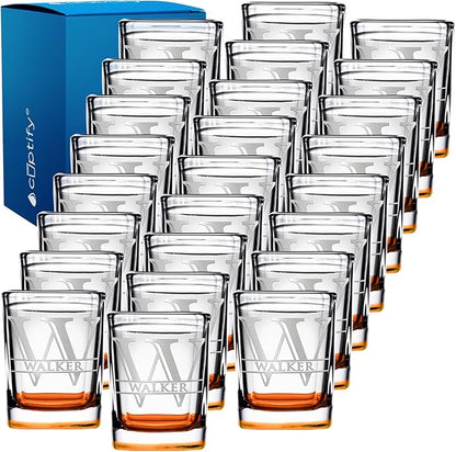 Personalized Square Shot Glasses Set of 25 Orange Bottom 2oz Engraved Initial and Name Custom Gifts, Weddings, Birthdays, Party, Event, Decorations