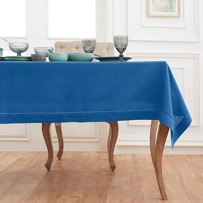 Solino Home Linen Indigo Blue Tablecloth 60 x 144 Inch - Classic Hemstitch, 100% Pure Linen Rectangular Tablecloth - Machine Washable Table Cloth for Winter, Spring, Easter
