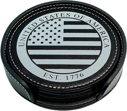 Premium American Flag Leather Coasters Set with Foil Stamped Logo - 4 USA Drink Coasters for Home, Bar Office | Flag Leather Coasters