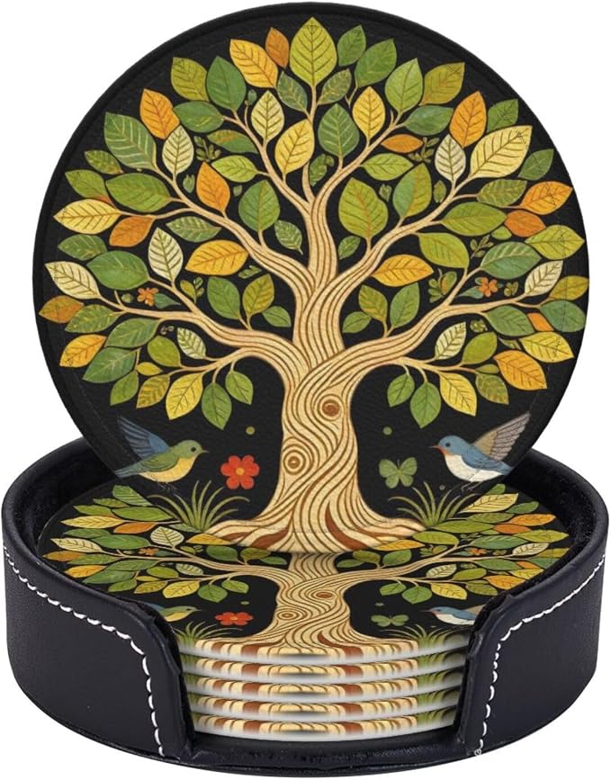 Drink Coasters with Holder Stand Set of 6, Tree of Life Vintage Pu Leather by Unknown