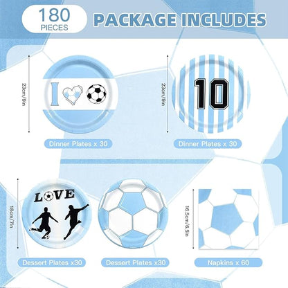 180Pcs Blue Soccer Party Supplies Paper Plates and Napkins Serve 60 | - Image 2