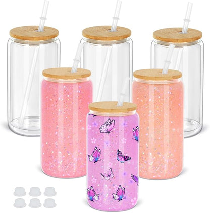 16 Oz Snow Globe Tumbler, 6 Pack Pre-Drilled Sublimation Glass Cup by Maucircol