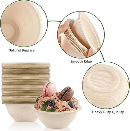 Ocmoiy Bulk 150Pk. 8 OZ Paper Bowls Disposable Heavy Duty Small Compostable Food Bowls, Eco-friendly Sugarcane Bowl for Party Serving Treats, Microwave Safe for Hot or Cold Use