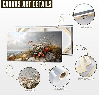 ADJUVANT Wall Art Vintage Coastal Floral Scene 40"L x 20"W, Seaside Wildflowers By The Ocean Canvas Painting Nature Artwork Coastal Blooms Prints Botanic Decor for Living Room Bedroom Bathroom Home Office