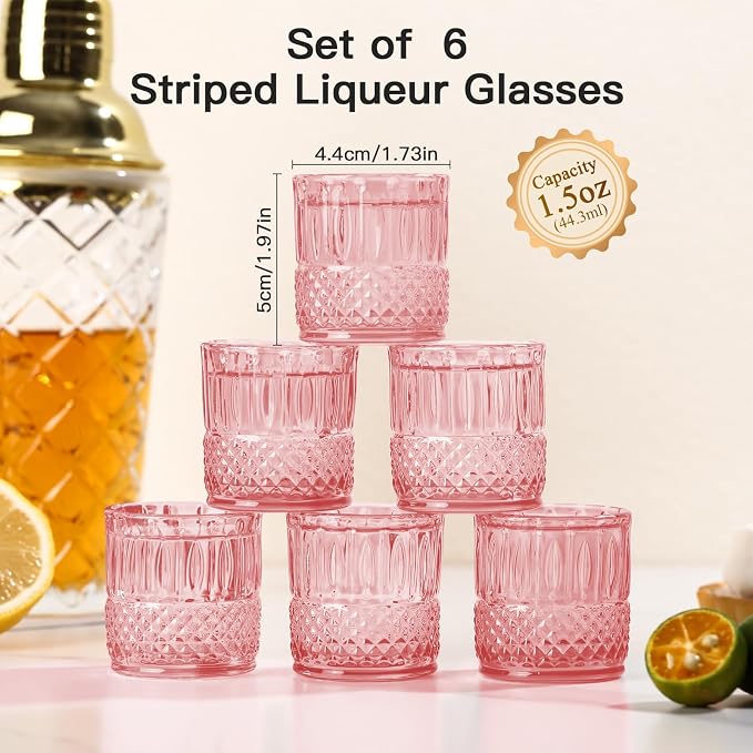 JOVGANK Mini Pink Shot Glasses Set of 6 – 1.5oz Small Vintage Fancy Ribbed - Image 2