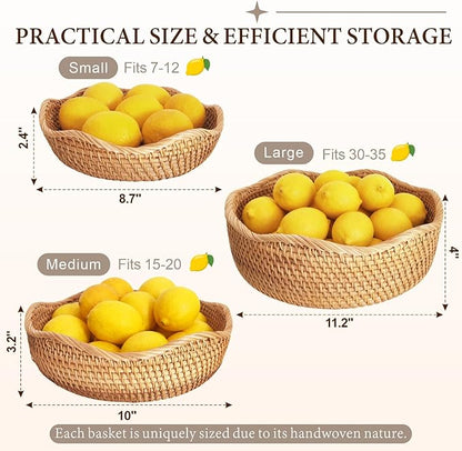 8.7" Wave Small Wicker Basket, Artisanal Key Bowl for Entryway Table, Decorative Bowl for Kitchen Counter, Bedside, Living Room, Natural Woven Fruit Bowl, Purse Bowl, Rattan Bread Basket