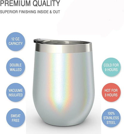 CHILLOUT LIFE 12 oz Stainless Steel Wine Tumblers 2 Pack - Double Wall Vacuum Insulated Wine Glasses Cups with Lids and Straws Set Keeping Cold & Hot for Coffee, Beer, Ice Cream - Holographic Glitter