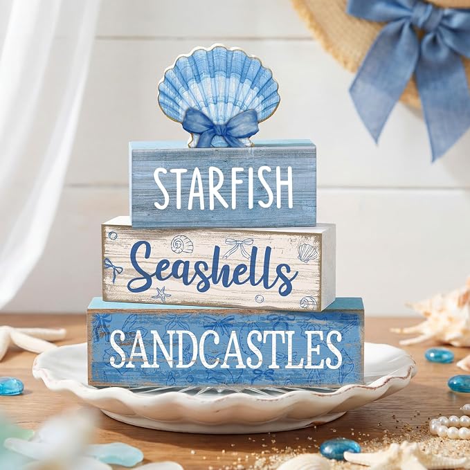 Moucuny 4 Pcs Nautical Beach Decor Shell Tiered Tray Decoration Blue Bow Table - Image 7