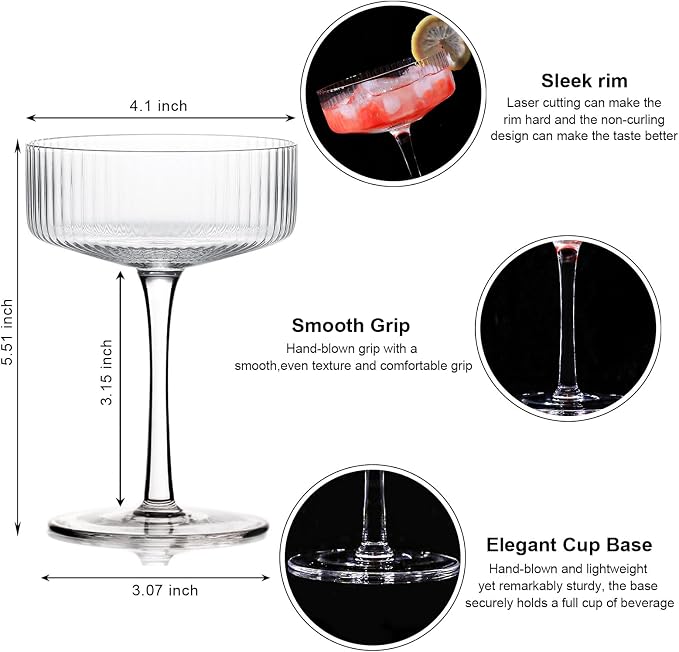 Handblown Crystal Coupe Glasses Set of 4, 9 oz Martini Glass Set - Image 3