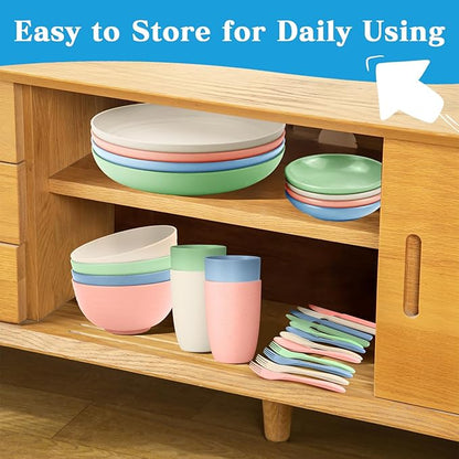 Wrova wheat straw bowls,plates,cups and cutlery sets 28 pcs - Unbreakable Dishwasher Safe dinnerware sets service for 4 - Ideal dish sets for kitchen, camping, indoors and out doors.Nordic
