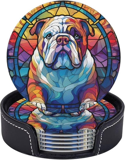 English Bulldog Stained Dog Breed Glass Art Leather Drinks Coasters by Novgift