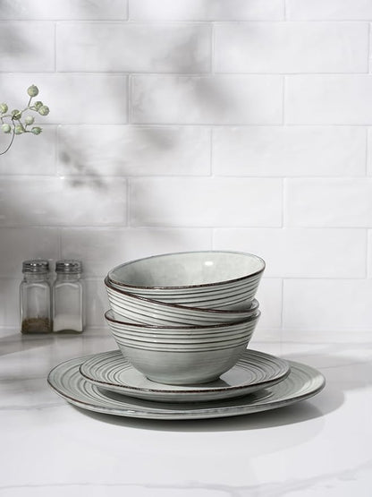 Famiware Plates and Bowls Sets 24-Piece Stoneware Dinnerware Sets, Dishes Set for 8, Hand-made Reactive Glaze Dish Set, Twilight Series, Ashy Blue
