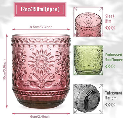 Topsky Vintage Drinking Glass Set of 6,12 oz Embossed Floral Decorative Glassware Set,Glass Cups Wine Glasses Beverages Tumblers Colored Glassware for Whisky,Beer,Juice,Cocktail,Heavy Duty