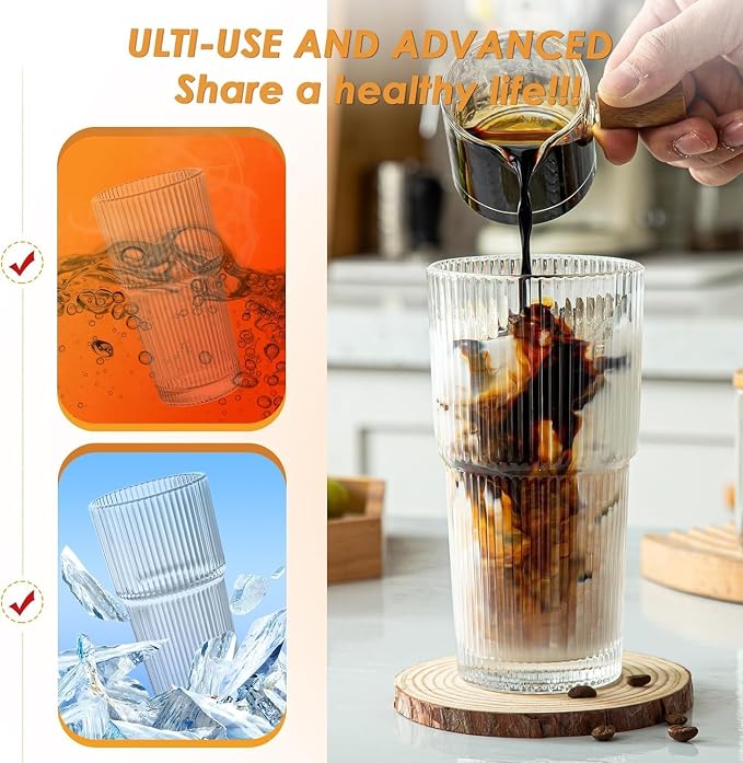 Glass Cups with Lids and Straws, 20oz Ribbed Glass Tumbler - Image 2