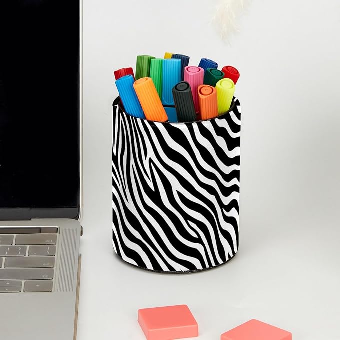 Leather Pen Holder for Desk, Zebra Print Pencil Cup Pen Organizer Makeup Brush - Image 5