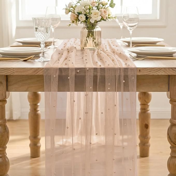 Artoid Mode Pearl Tan Gauze Table Runner 120 Inch 10FT, Seasonal Sheer Dining Holiday Wedding Birthday Baby Shower Table Decor for Home Party