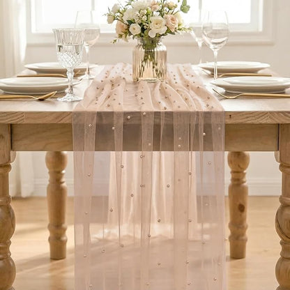 Artoid Mode Pearl Tan Gauze Table Runner 120 Inch 10FT, Seasonal Sheer Dining Holiday Wedding Birthday Baby Shower Table Decor for Home Party