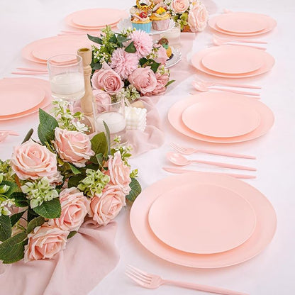 EI 150pcs Pink Plastic Plates Pink Disposable Heavy Duty Plastic Plates for Party Dinnerware Set Pink Plastic Silverware for Party Wedding Afternoon Tea,Spring,Mother's Day,Valentine's Day,Easter