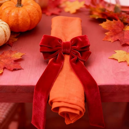 Bow Napkin Rings Set of 6 Luxury Soft Red Velvet Napkin Holders, Elegant Bow Design for Christmas Holiday Dinner Wedding Party Table Decor