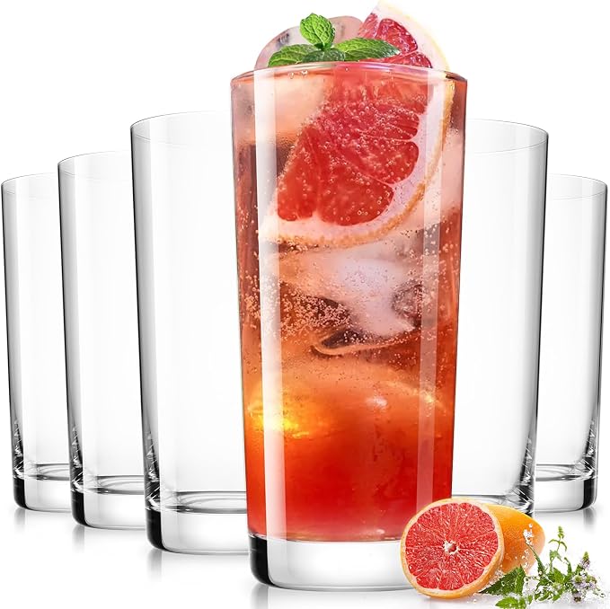 Drinking Water Glass Cups Set, Crystal Highball Glasses cups set of 6, 16oz | by LUNAMANTHA