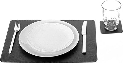 Nikalaz Set of Small Black 4 Placemats and 4 Coasters Made of Recycled Leather, Place Mats (15.7'' x 11.8'' and Coasters 3.9'' x 3.9'', Black)